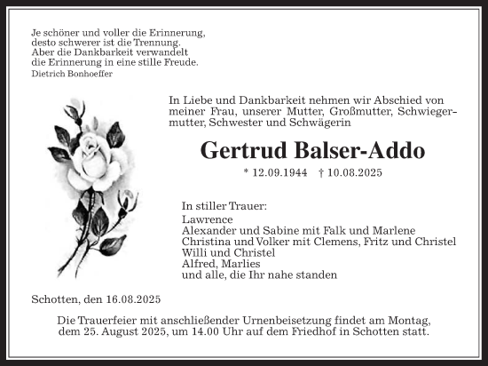 Traueranzeige von Gertrud Balser-Addo von Kreis-Anzeiger