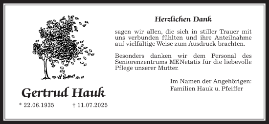 Traueranzeige von Gertrud Hauk von Wetterauer Zeitung