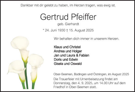 Traueranzeige von Gertrud Pfeiffer von Kreis-Anzeiger
