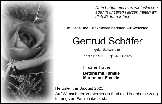 Traueranzeige von Gertrud Schäfer von Lauterbacher Anzeiger