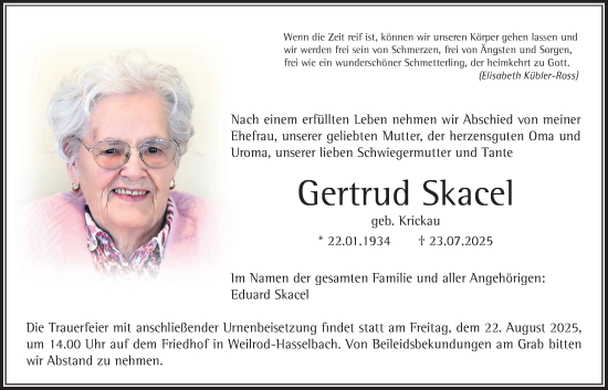 Traueranzeige von Gertrud Skacel von Usinger Anzeigenblatt
