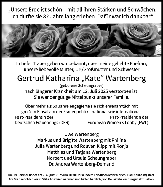 Traueranzeige von Gertrud Katharina Wartenberg von Wetterauer Zeitung