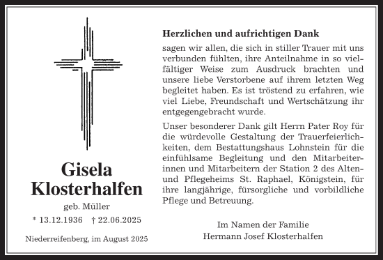 Traueranzeige von Gisela Klosterhalfen von Usinger Anzeigenblatt