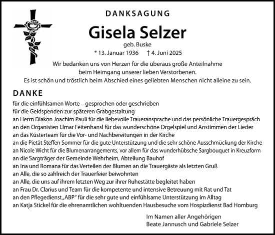 Traueranzeige von Gisela Selzer von Usinger Anzeiger, Usinger Anzeigenblatt
