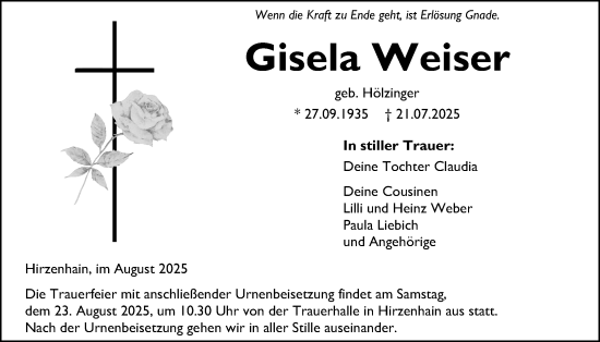 Traueranzeige von Gisela Weiser von Kreis-Anzeiger