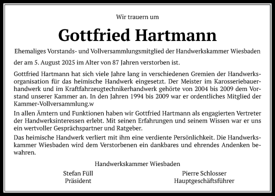 Traueranzeige von Gottfried Hartmann von Giessener Allgemeine, Alsfelder Allgemeine, Giessener Anzeiger, Oberhessische Zeitung