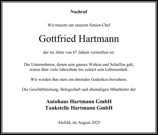 Traueranzeige von Gottfried Hartmann von Oberhessische Zeitung