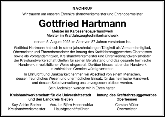 Traueranzeige von Gottfried Hartmann von Giessener Allgemeine, Alsfelder Allgemeine, Giessener Anzeiger, Oberhessische Zeitung