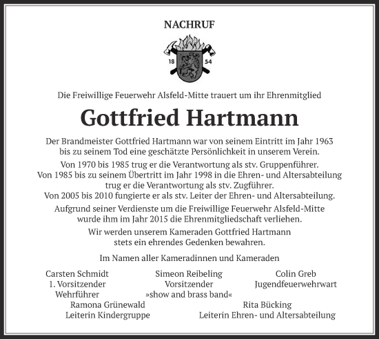 Traueranzeige von Gottfried Hartmann von Oberhessische Zeitung