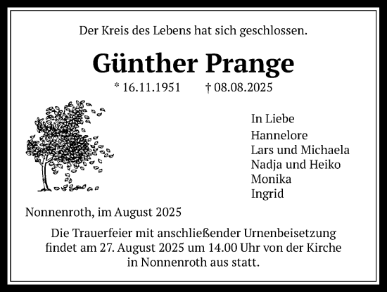 Traueranzeige von Günther Prange von Licher Wochenblatt
