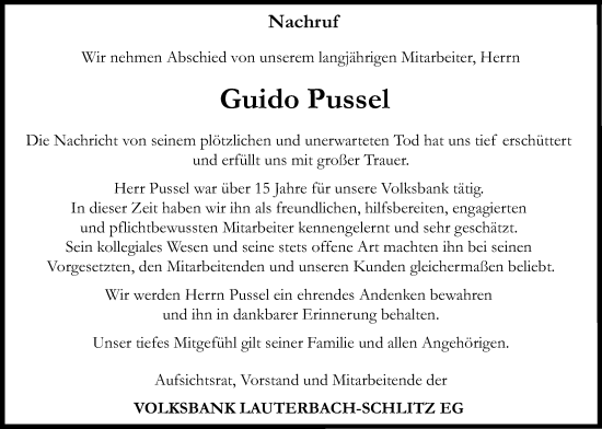 Traueranzeige von Guido Pussel von Lauterbacher Anzeiger