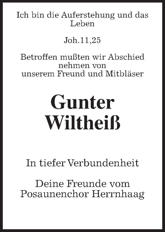 Traueranzeige von Gunter Wiltheiß von Kreis-Anzeiger