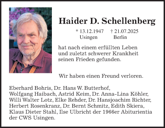 Traueranzeige von Haider Schellenberg von Usinger Anzeiger