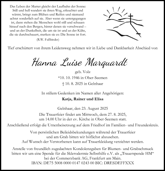 Traueranzeige von Hanna Luise Marquardt von Kreis-Anzeiger