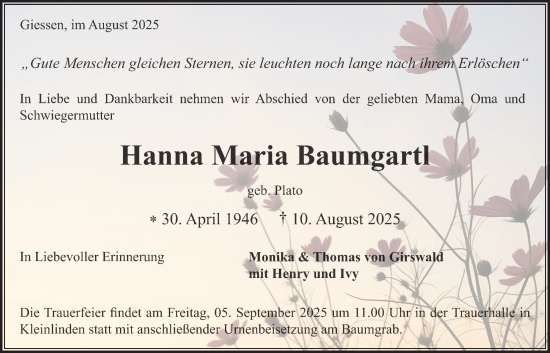 Traueranzeige von Hanna Maria Baumgartl von Giessener Allgemeine, Alsfelder Allgemeine