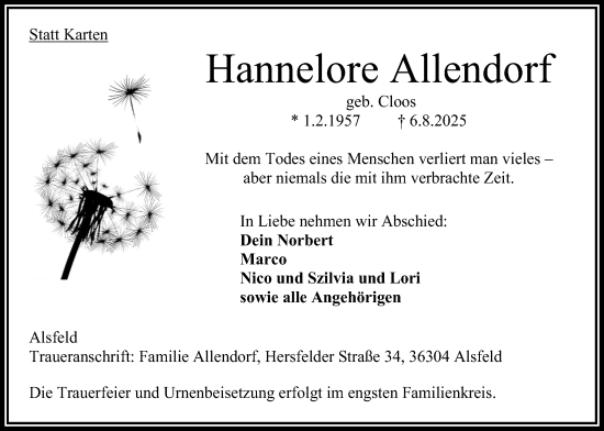 Traueranzeige von Hannelore Allendorf von Oberhessische Zeitung