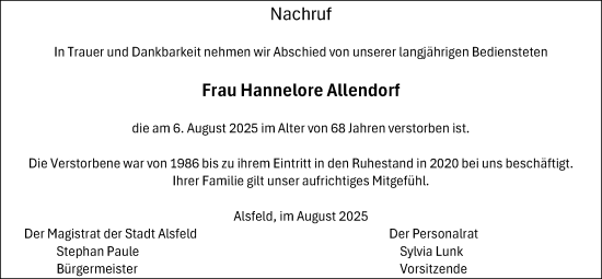 Traueranzeige von Hannelore Allendorf von Alsfelder Allgemeine, Oberhessische Zeitung