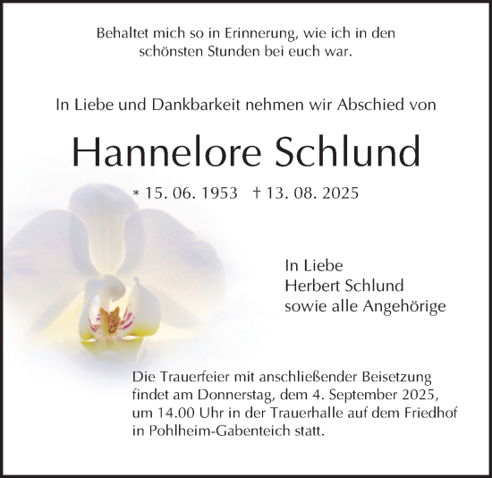 Traueranzeige von Hannelore Schlund von Giessener Allgemeine, Alsfelder Allgemeine