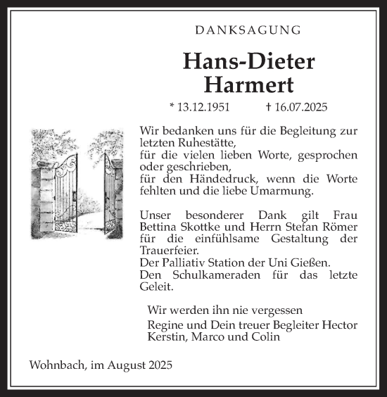 Traueranzeige von Hans-Dieter Harmert von Wetterauer Zeitung