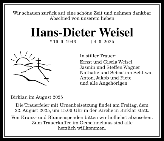 Traueranzeige von Hans-Dieter Weisel von Licher Wochenblatt