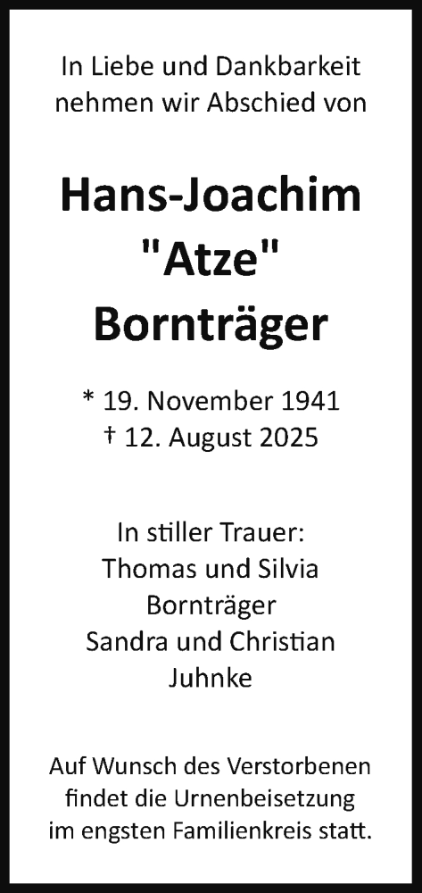 Traueranzeige von Hans-Joachim Bornträger von Wetterauer Zeitung