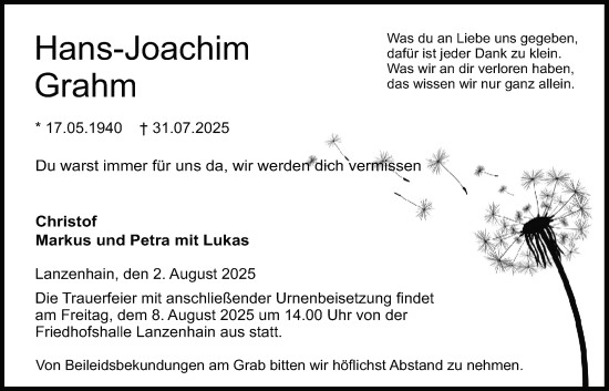 Traueranzeige von Hans-Joachim Grahm von Lauterbacher Anzeiger, Lauterbacher Anzeiger