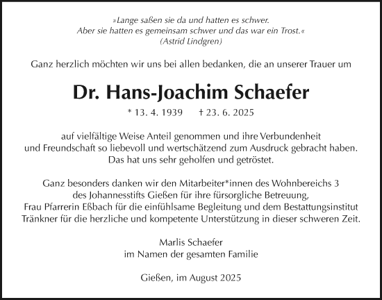 Traueranzeige von Hans-Joachim Schaefer von Giessener Allgemeine, Alsfelder Allgemeine, Giessener Anzeiger