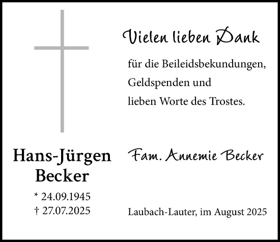Traueranzeige von Hans-Jürgen Becker von Laubacher Anzeiger