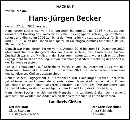 Traueranzeige von Hans-Jürgen Becker von Giessener Allgemeine, Alsfelder Allgemeine, Giessener Anzeiger