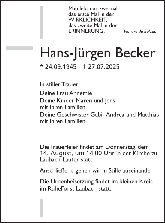 Traueranzeige von Hans-Jürgen Becker von Laubacher Anzeiger, Giessener Allgemeine, Alsfelder Allgemeine, Kreis-Anzeiger
