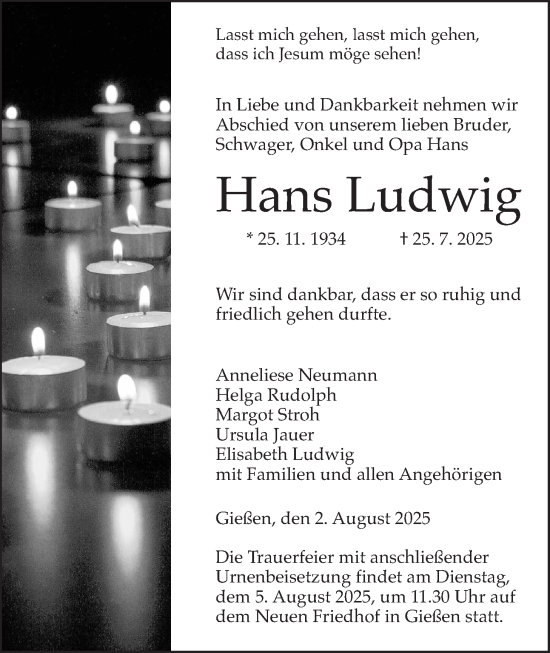 Traueranzeige von Hans Ludwig von Giessener Allgemeine, Alsfelder Allgemeine