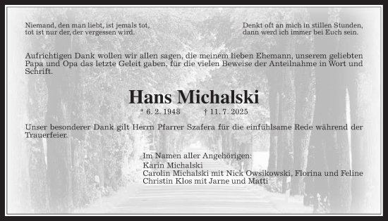 Traueranzeige von Hans Michalski von Giessener Allgemeine, Alsfelder Allgemeine, Giessener Anzeiger