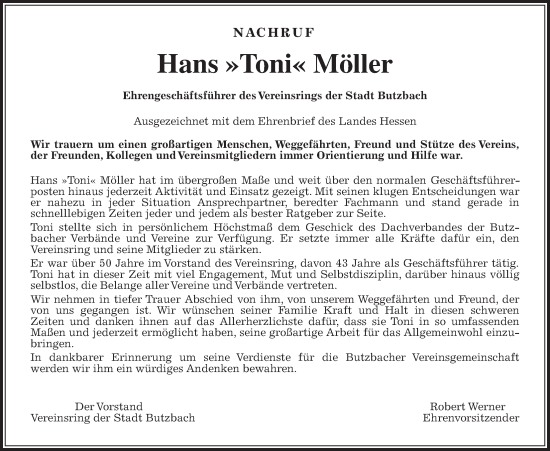 Traueranzeige von Hans Möller von Butzbacher Zeitung