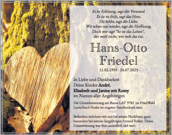 Traueranzeige von Hans-Otto Friedel von Lauterbacher Anzeiger