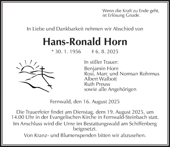 Traueranzeige von Hans-Ronald Horn von Giessener Anzeiger, Giessener Allgemeine, Alsfelder Allgemeine