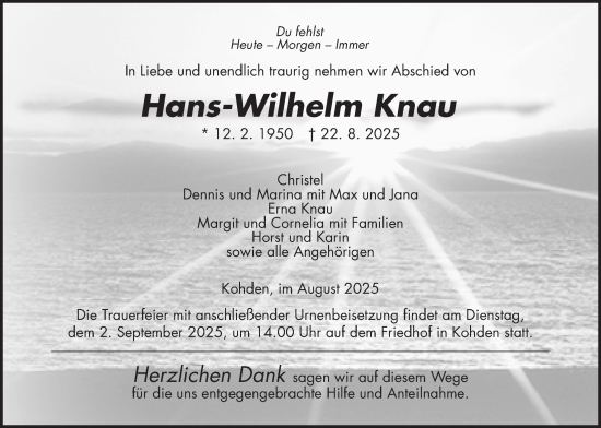 Traueranzeige von Hans-Wilhelm Knau von Kreis-Anzeiger