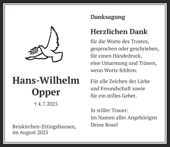 Traueranzeige von Hans-Wilhelm Opper von Licher Wochenblatt