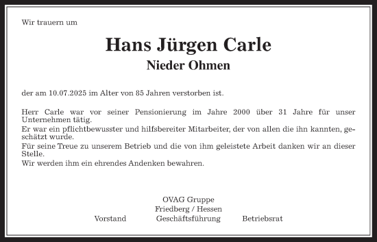 Traueranzeige von Hans Jürgen Carle von Mücker Stimme