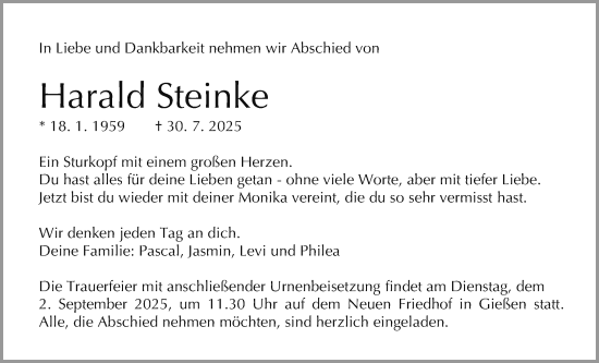 Traueranzeige von Harald Steinke von Giessener Anzeiger, Giessener Allgemeine, Alsfelder Allgemeine