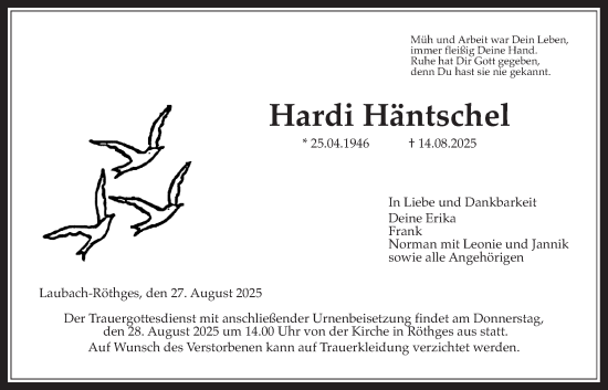 Traueranzeige von Hardi Häntschel von Giessener Allgemeine, Alsfelder Allgemeine, Laubacher Anzeiger