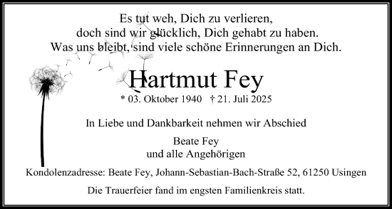 Traueranzeige von Hartmut Fey von Usinger Anzeiger, Usinger Anzeigenblatt