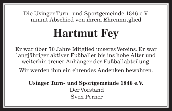 Traueranzeige von Hartmut Fey von Usinger Anzeiger, Usinger Anzeigenblatt