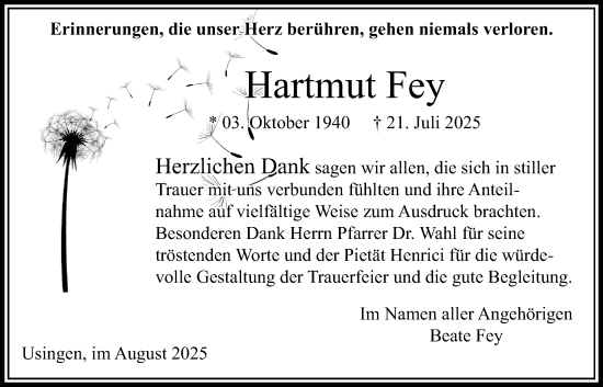 Traueranzeige von Hartmut Fey von Usinger Anzeiger
