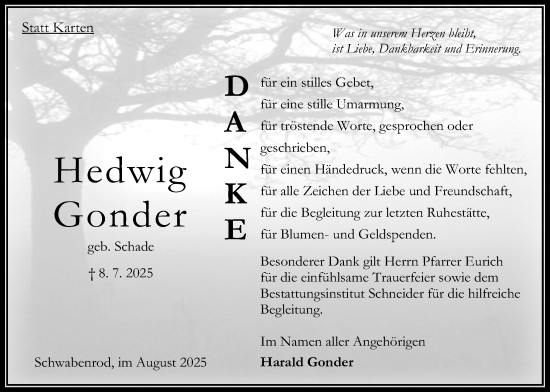 Traueranzeige von Hedwig Gonder von Oberhessische Zeitung