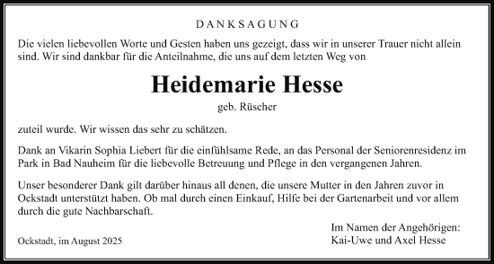 Traueranzeige von Heidemarie Hesse von Wetterauer Zeitung