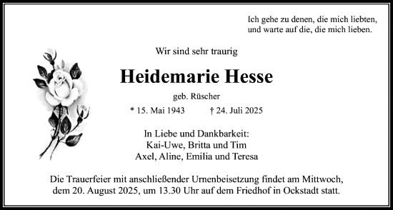 Traueranzeige von Heidemarie Hesse von Wetterauer Zeitung