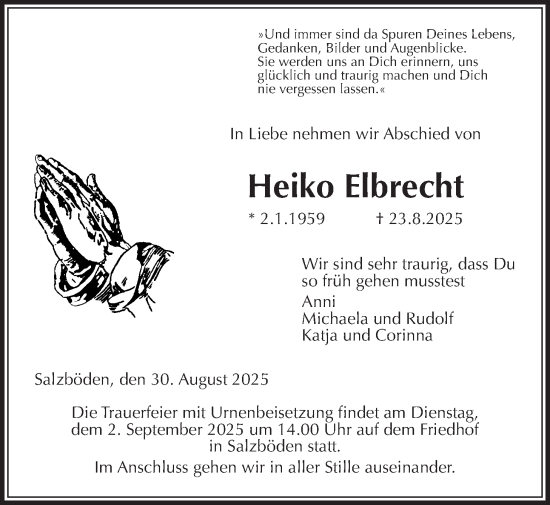 Traueranzeige von Heiko Elbrecht von Giessener Allgemeine, Alsfelder Allgemeine