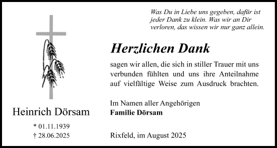 Traueranzeige von Heinrich Dörsam von Lauterbacher Anzeiger