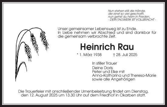 Traueranzeige von Heinrich Rau von Bad Vilbel/Karben, Wetterauer Zeitung