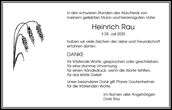 Traueranzeige von Heinrich Rau von Bad Vilbel/Karben, Wetterauer Zeitung